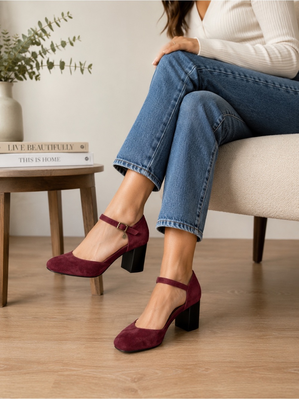 Lucky Brand Burgundy Suede Mary Jane Block Heels